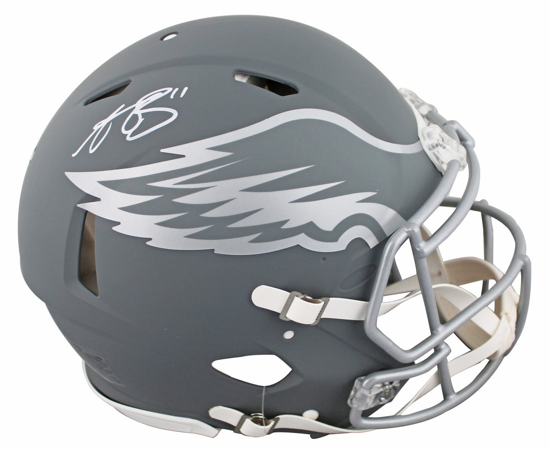 A.J. Brown Signed Philadelphia Eagles Slate Full Size Helmet BAS Authenticated: A.J. Brown Signed Philadelphia Eagles Slate Full Size Helmet BAS Authenticated This collectible features an autographed full-size Speed Proline helmet personally signed by A.J. Brown of the Philadelph