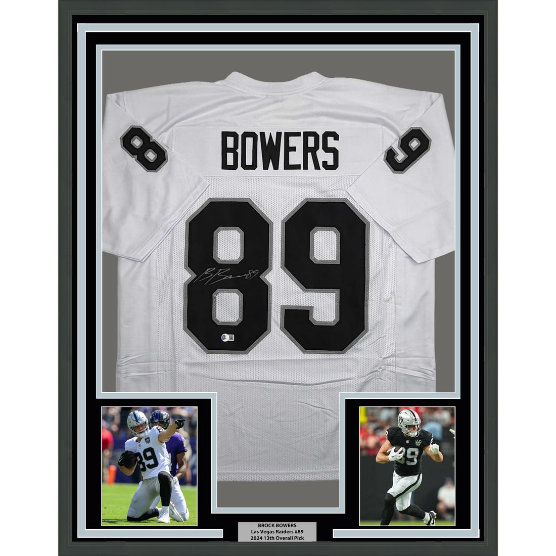 Brock Bowers Signed Las Vegas Raiders Jersey Framed with Photos Beckett COA 35x39: Brock Bowers Signed Las Vegas Raiders Jersey Framed with Photos Beckett COA 35x39 This professionally framed and matted display features a Brock Bowers Las Vegas Raiders white jersey, autographed by B