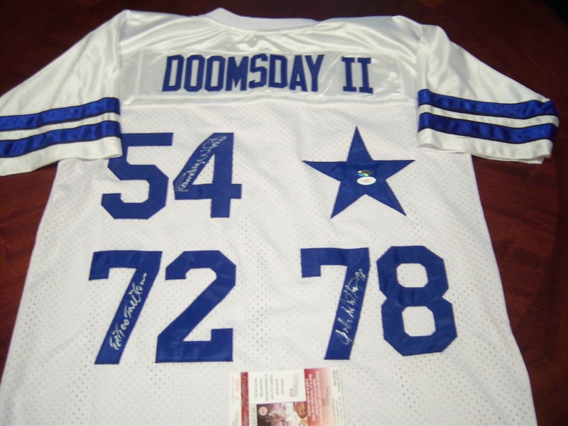 Dallas Cowboys Jersey Signed by White Jones Dutton with JSA COA: Dallas Cowboys Jersey Signed by White Jones Dutton with JSA COA This Dallas Cowboys jersey is signed by Randy White, Ed 'Too Tall' Jones, and John Dutton. It is an original, pre-owned item and include