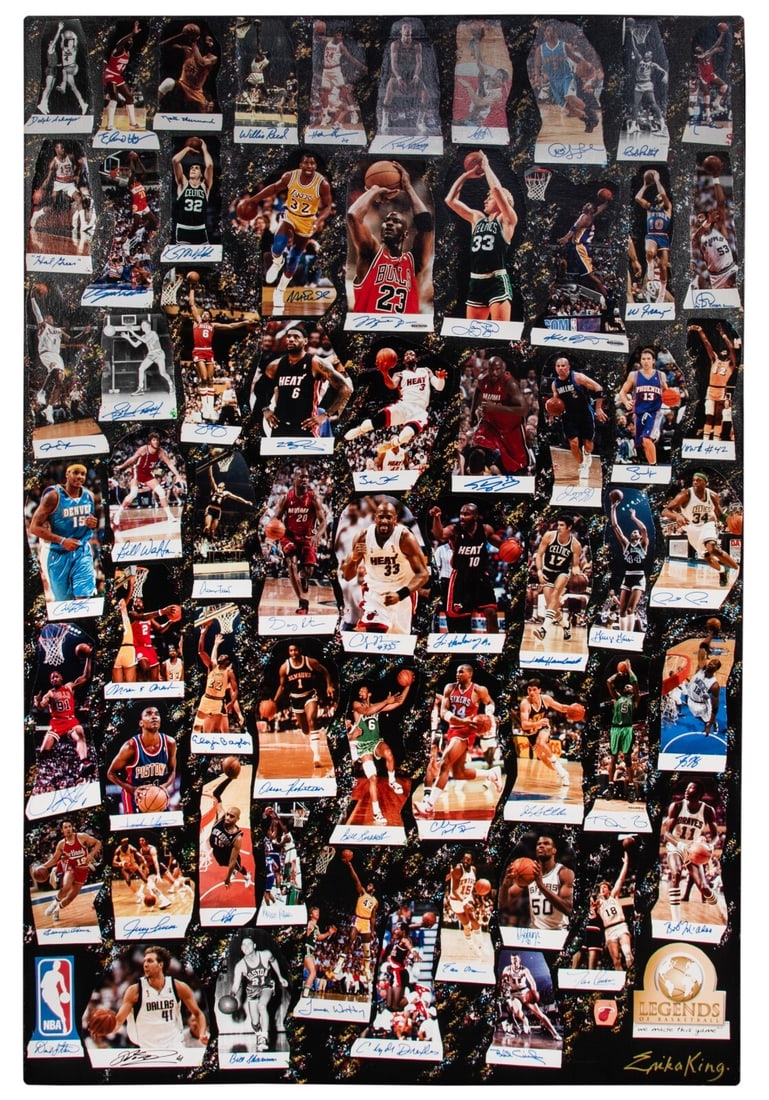 Michael Jordan Kobe Bryant LeBron James Signed 1/1 NBA Legends Canvas Art JSA Authenticated: Michael Jordan Kobe Bryant LeBron James Signed 1/1 NBA Legends Canvas Art JSA Authenticated This stunning piece of art, titled "NBA Legends of Basketball: We Made This Game," features the iconic signa