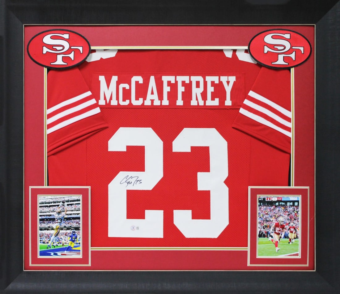 Framed San Francisco 49ers Jersey Signed by Christian McCaffrey BAS Authenticated: Framed San Francisco 49ers Jersey Signed by Christian McCaffrey BAS Authenticated Celebrate your fandom with this authentic signed red pro style framed jersey of Christian McCaffrey, a standout player