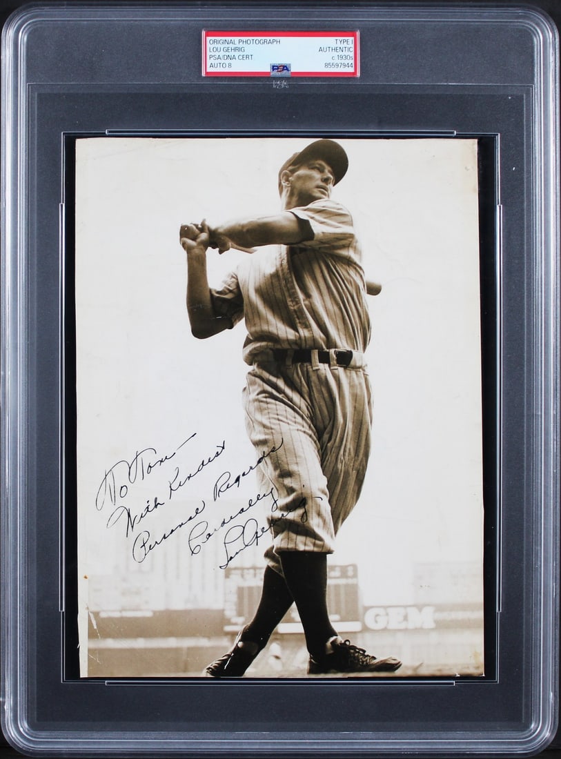 Lou Gehrig Signed Type 1 Photo With Cordially Inscription PSA Authenticated Yankees: Lou Gehrig Signed Type 1 Photo With Cordially Inscription PSA Authenticated Yankees This is an original 7x9.25 inch Type 1 photograph personally signed by Lou Gehrig of the New York Yankees. The inscr