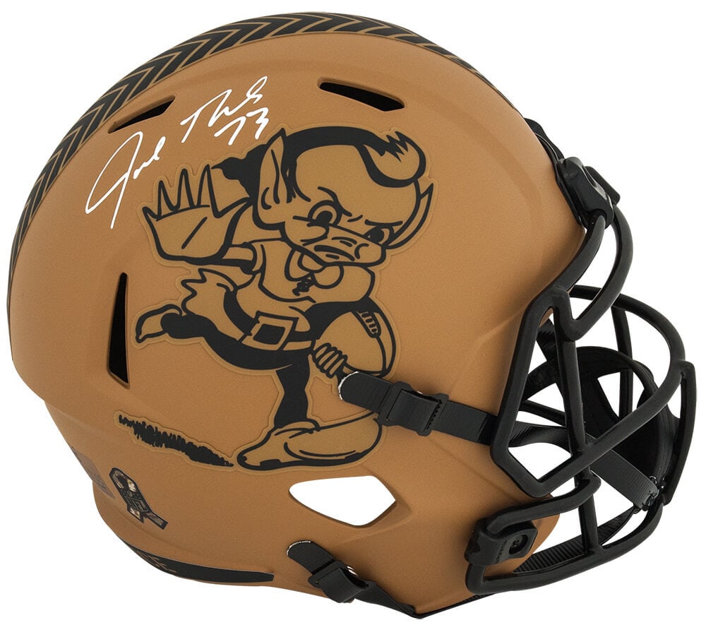 Joe Thomas Autographed 2023 Browns Salute to Service Helmet SS COA: Joe Thomas Autographed 2023 Browns Salute to Service Helmet SS COA Celebrate your love for football with this Joe Thomas signed Cleveland Browns 2023 Salute to Service Riddell full size speed replica