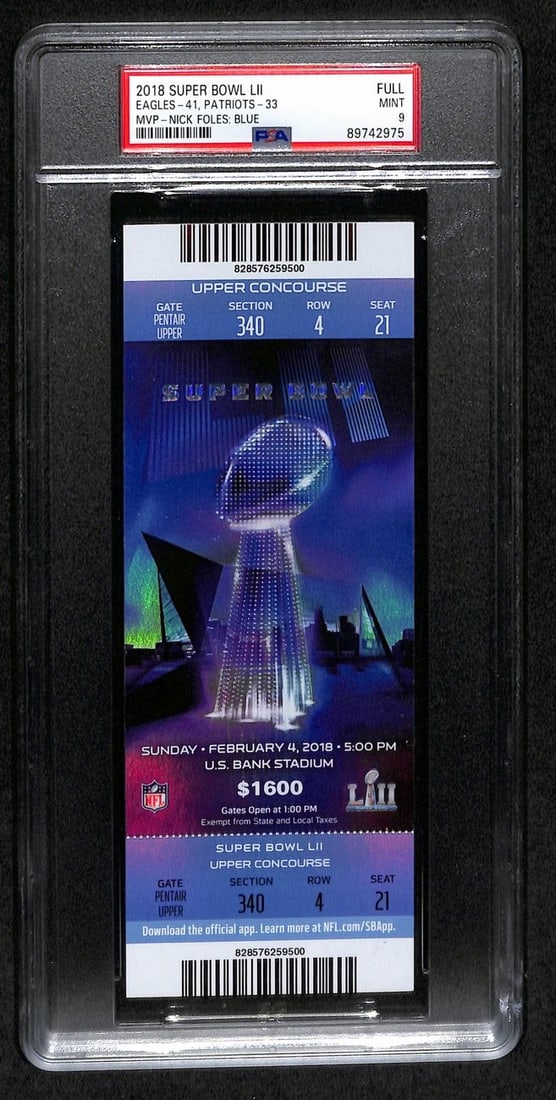 2018 Super Bowl LII Full Ticket Eagles vs Patriots PSA/DNA MINT 9: 2018 Super Bowl LII Full Ticket Eagles vs Patriots PSA/DNA MINT 9 This is an original 2018 Super Bowl LII Full Ticket featuring the Philadelphia Eagles vs. New England Patriots. The ticket is authenti