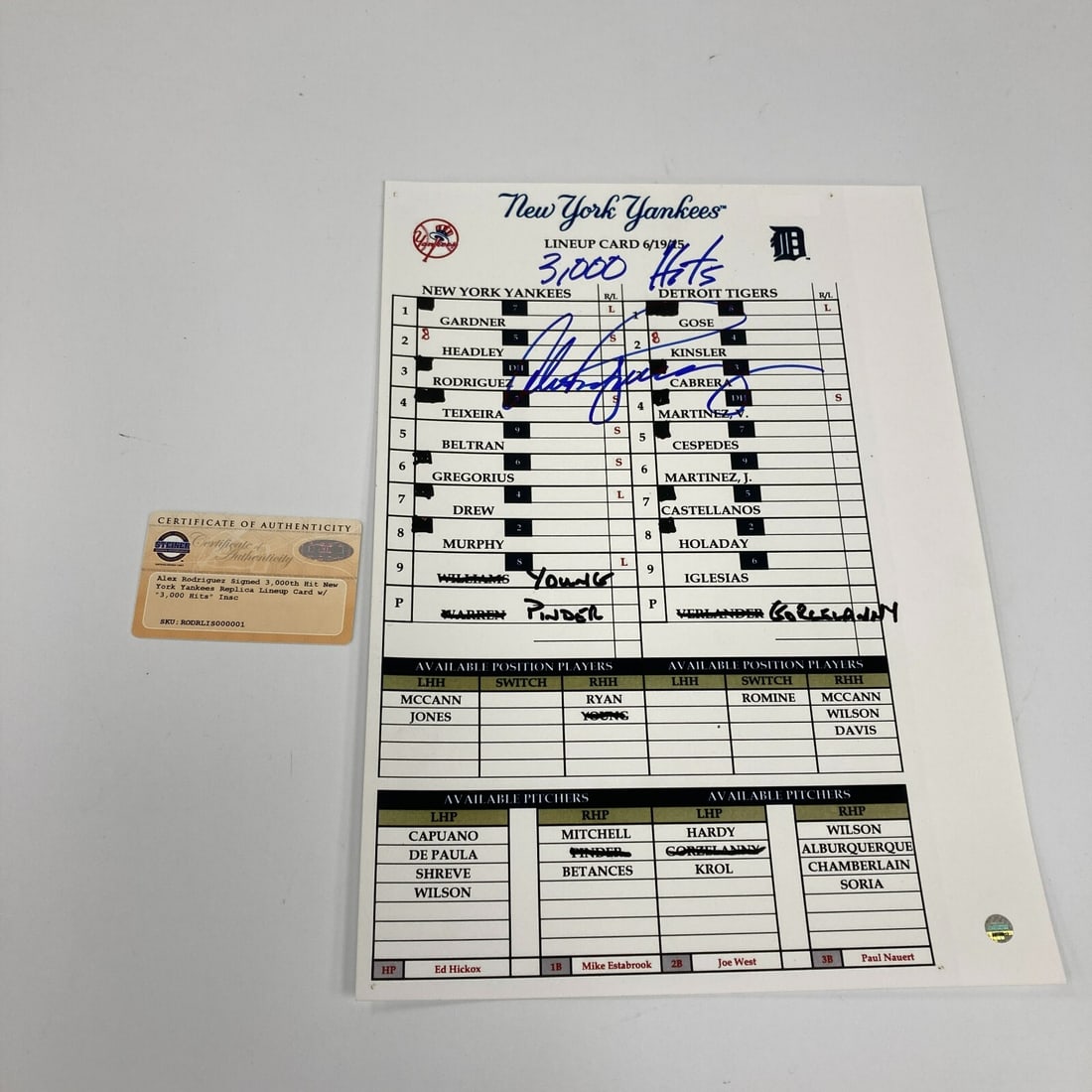 Alex Rodriguez 3000 Hit Signed Lineup Card Steiner COA (1 of 5)