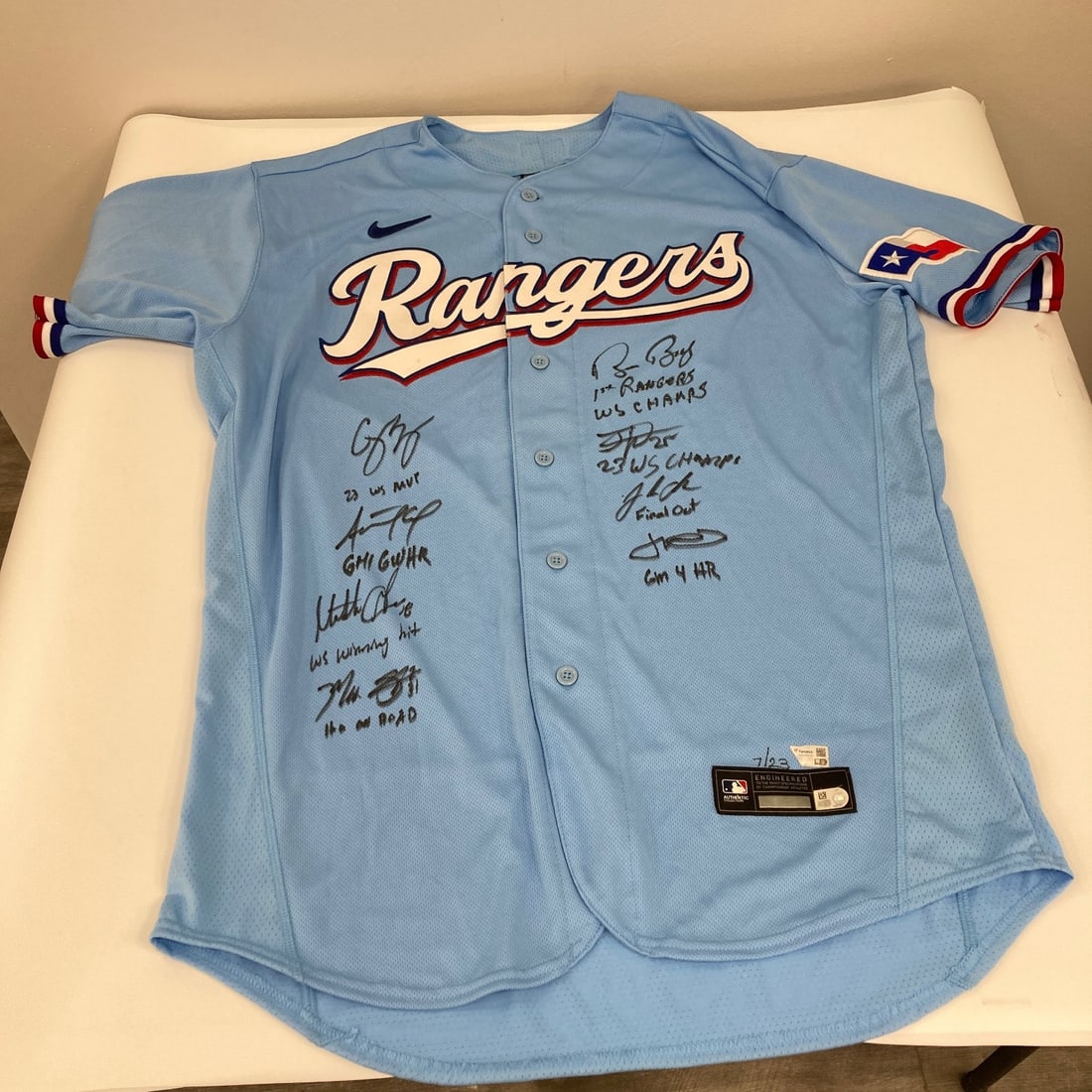 Signed 2023 Texas Rangers World Series Jersey Fanatics Authenticated Limited 7 of 23: Signed 2023 Texas Rangers World Series Jersey Fanatics Authenticated Limited 7 of 23 This 2023 Texas Rangers World Series Champions Nike jersey is signed by eight members of the championship squad, in