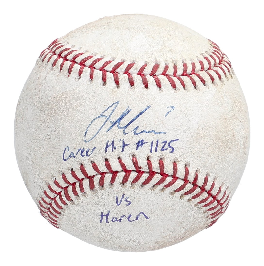 Joe Mauer Signed Game Used Baseball Career Hit #1125 MLB Authenticated: Joe Mauer Signed Game Used Baseball Career Hit #1125 MLB Authenticated This is a signed game-used baseball from Joe Mauer, the legendary Minnesota Twins catcher and 2009 American League MVP. Mauer is