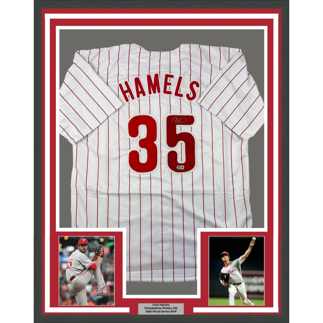 Framed Cole Hamels Signed Philadelphia Phillies Jersey with BAS COA: Framed Cole Hamels Signed Philadelphia Phillies Jersey with BAS COA This framed autographed jersey features Cole Hamels, a renowned MLB player known for his time with the Philadelphia Phillies. The je
