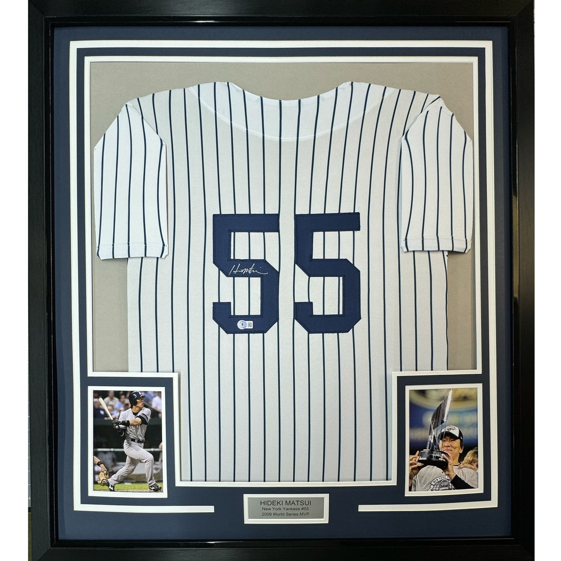 Framed Hideki Matsui Autographed Pinstripe Jersey with BAS COA: Framed Hideki Matsui Autographed Pinstripe Jersey with BAS COA This framed, autographed Hideki Matsui pinstripe baseball jersey is a must-have for any New York Yankees fan. The jersey features the leg