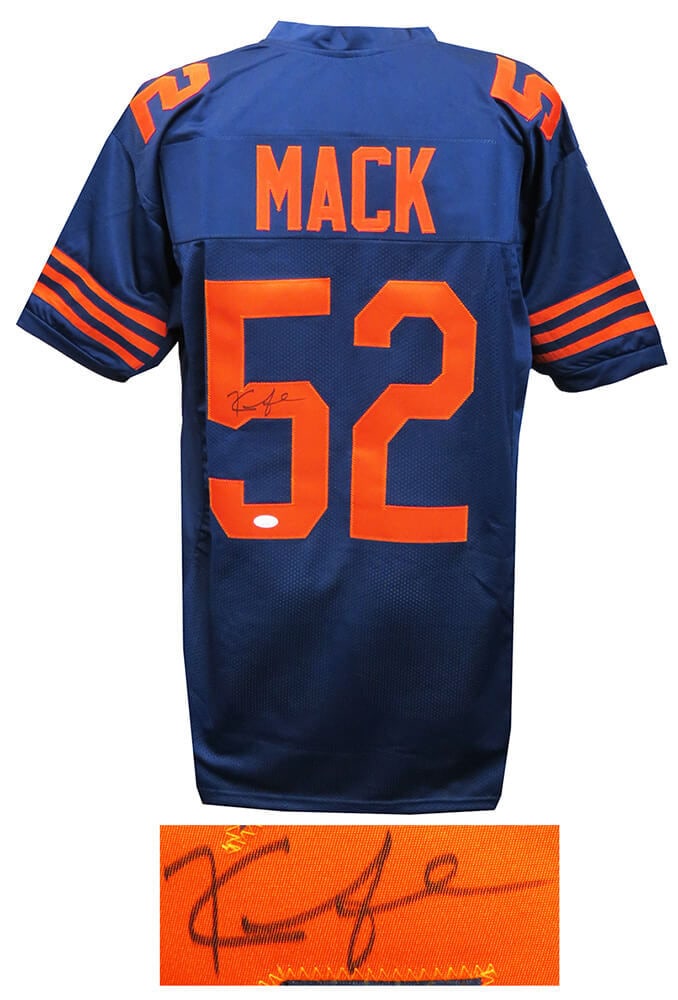 Khalil Mack Signed Chicago Bears Navy Throwback Jersey JSA: Khalil Mack Signed Chicago Bears Navy Throwback Jersey JSA This is a signed navy throwback custom football jersey of Khalil Mack, showcasing his affiliation with the Chicago Bears. The jersey, in size