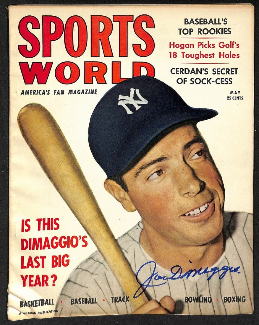 1949 Sports World Magazine Signed by Joe DiMaggio with PSA DNA Authentication: 1949 Sports World Magazine Signed by Joe DiMaggio with PSA DNA Authentication This is an original 1949 Sports World magazine featuring a signature from Joe DiMaggio. The magazine is complete and perta