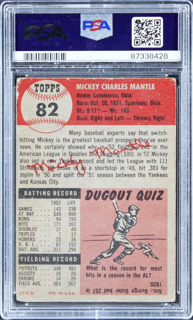 Mickey Mantle Autographed 1953 Topps 82 Yankees Card PSA DNA Gem Mint 10 Slabbed - 2