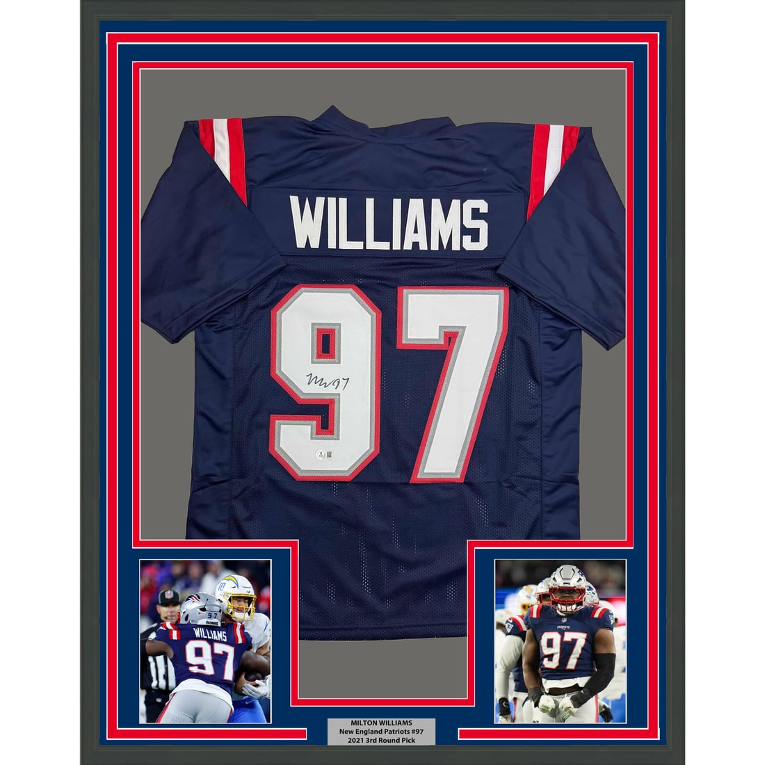 Milton Williams Signed Patriots Blue Jersey Framed 35x39 With BAS Authentication (1 of 2)
