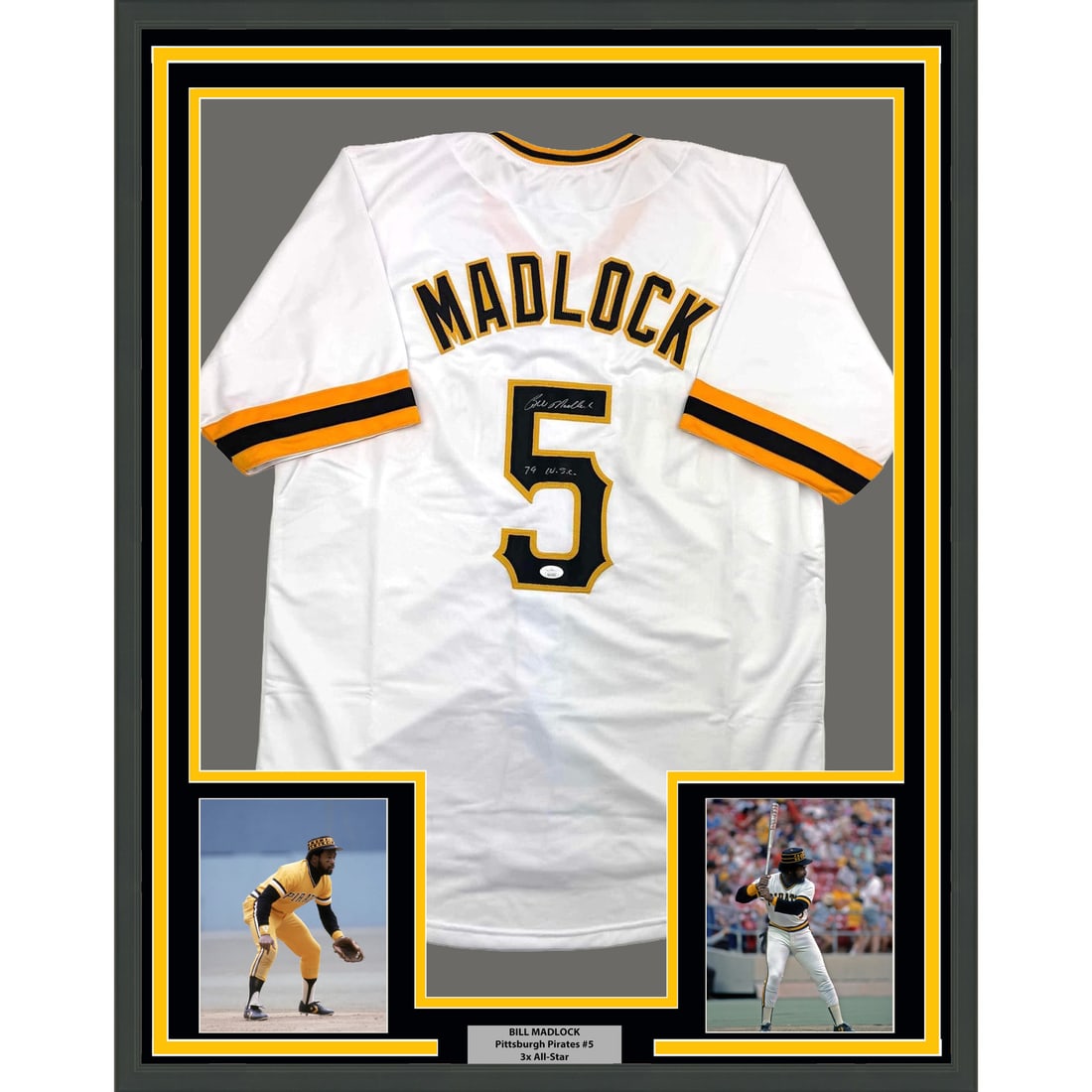 Bill Madlock Signed Pittsburgh Framed White Jersey with JSA Authentication 35x39: Bill Madlock Signed Pittsburgh Framed White Jersey with JSA Authentication 35x39 This professionally framed and matted display features a white Pittsburgh Pirates jersey autographed by Bill Madlock. T