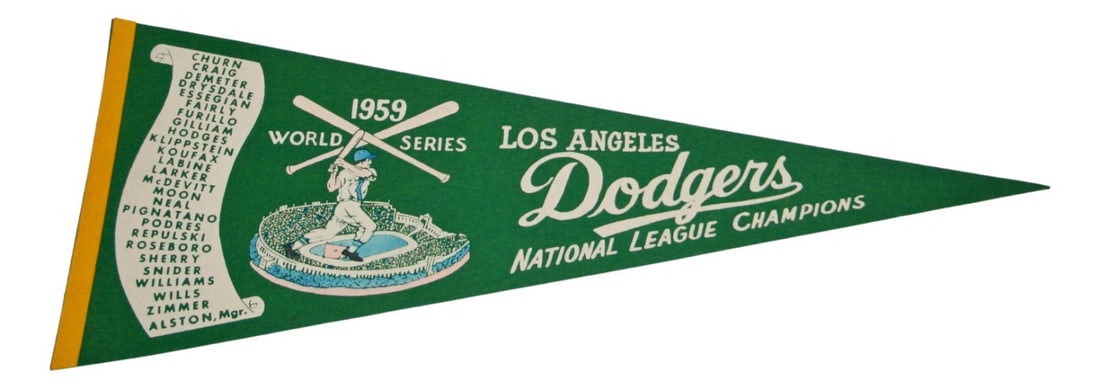 1959 Los Angeles Dodgers World Series 29 Inch Vintage Baseball Pennant: 1959 Los Angeles Dodgers World Series 29 Inch Vintage Baseball Pennant This is an original vintage 1959 Los Angeles Dodgers World Series pennant. Measuring 29 inches, this officially licensed baseball