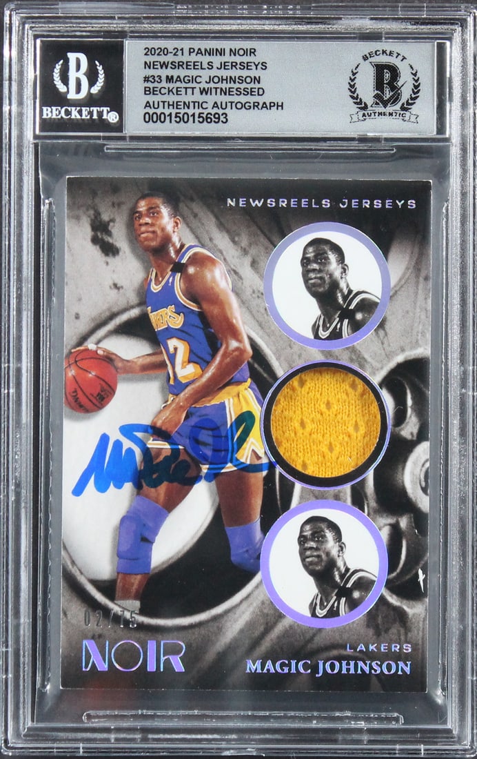 Magic Johnson Autographed 2020 Panini Noir Newsreels #33 2/75 Card BAS Gem Mint 10 (1 of 2)