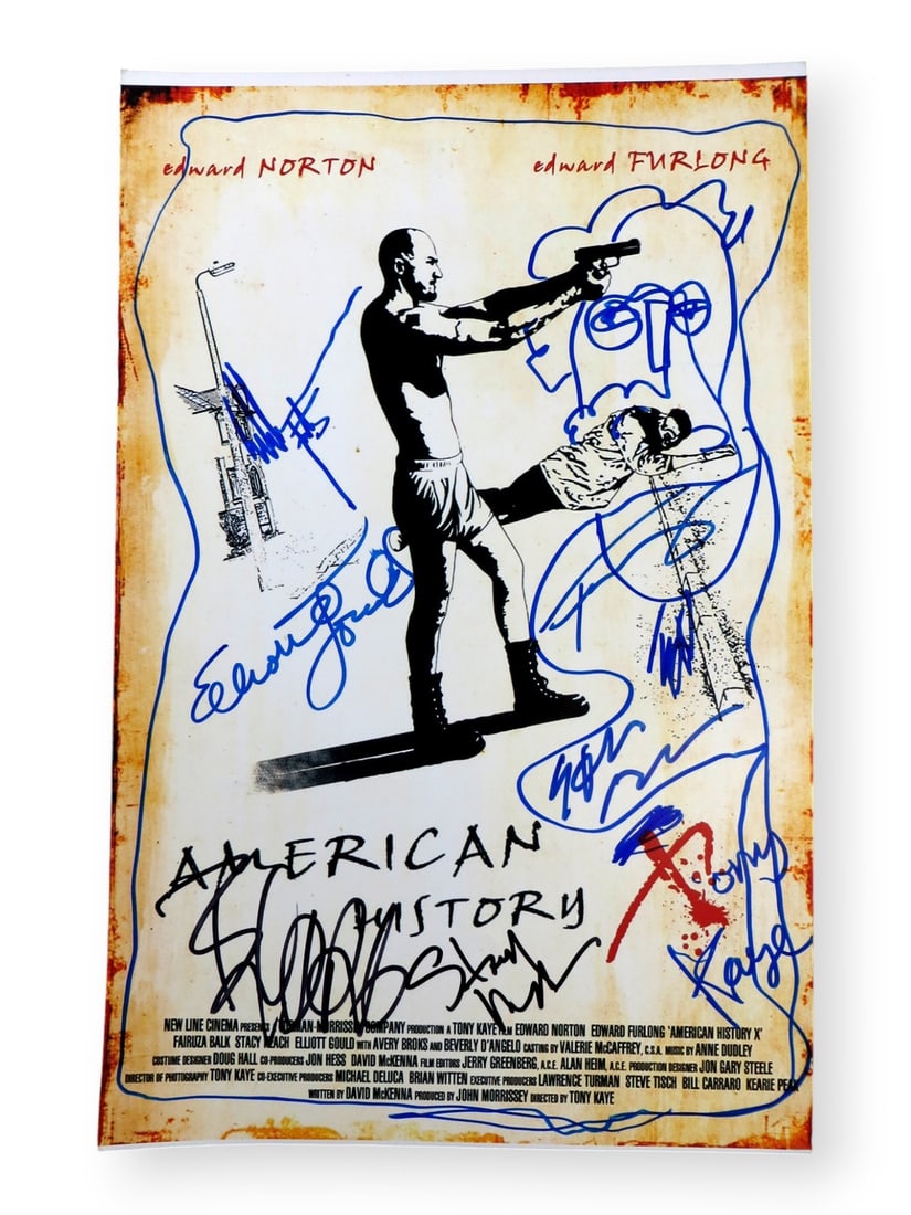 American History X Cast Signed 11x17 Photo JSA Authenticated: American History X Cast Signed 11x17 Photo JSA Authenticated This striking 11X17 photograph features the cast of the acclaimed film 'American History X,' showcasing the autographs of Edward Furlong, S