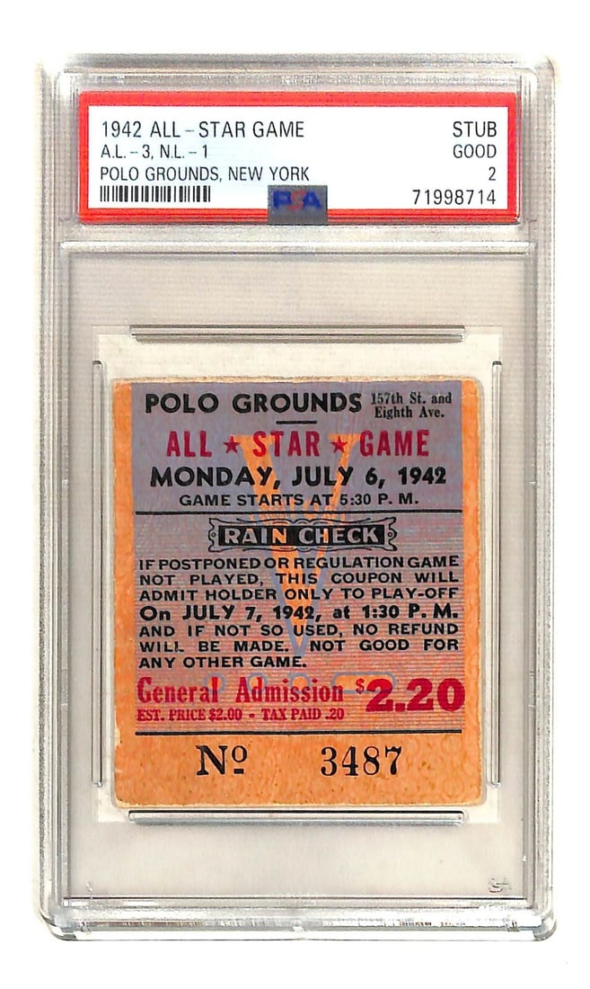 1942 MLB All-Star Game Ticket PSA 2 Original Vintage Scarce: 1942 MLB All-Star Game Ticket PSA 2 Original Vintage Scarce This scarce 1942 MLB All-Star Game ticket from the Polo Grounds is a vintage piece of baseball memorabilia. Authenticated by PSA and graded