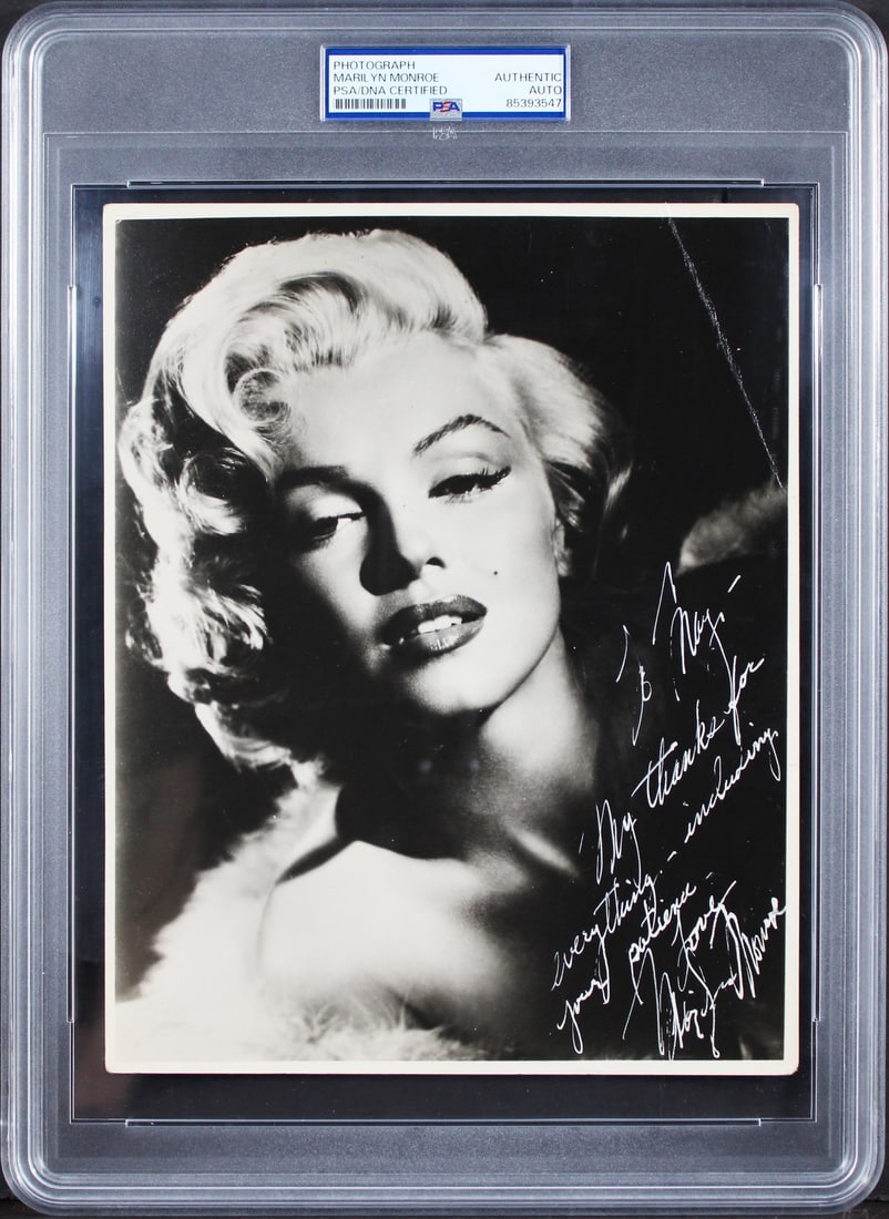 Marilyn Monroe Signed 7.5x9.5 Headshot Photo With Inscription PSA Authenticated: Marilyn Monroe Signed 7.5x9.5 Headshot Photo With Inscription PSA Authenticated This vintage 7.5 x 9.5 inch headshot portrait photograph, taken by Frank Powolny, features a personal inscription and au