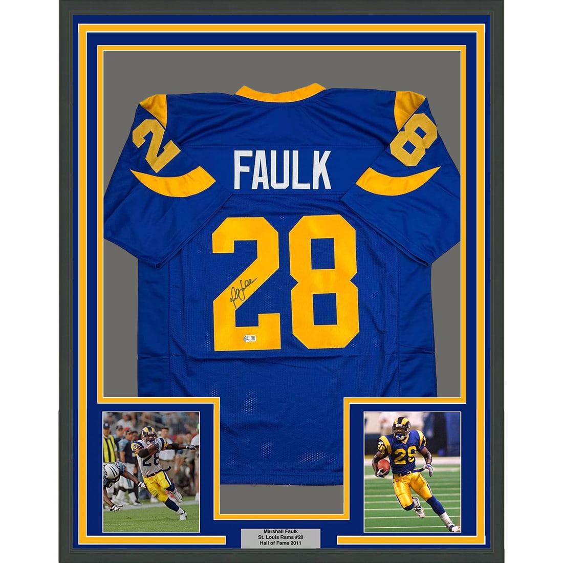 Marshall Faulk Signed St. Louis Rams Blue Jersey 35x39 Framed Beckett COA (1 of 2)
