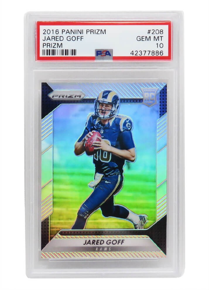Jared Goff 2016 Panini Prizm #208 Rookie Card PSA 10 Gem Mint: Jared Goff 2016 Panini Prizm #208 Rookie Card PSA 10 Gem Mint This listing features a 2016 Panini Prizm Football #208 Jared Goff Rookie Card, encapsulated and graded Gem Mint 10 by Professional Sports