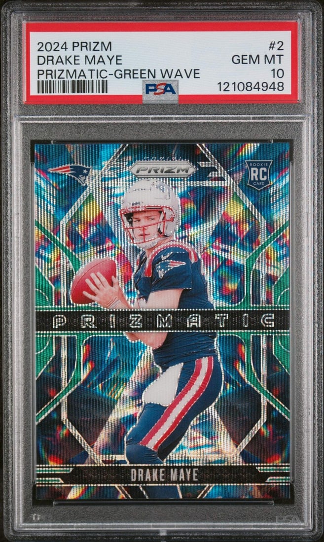 2024 Panini Prizm Drake Maye Green Wave Rookie Card PSA 10 Graded #2: 2024 Panini Prizm Drake Maye Green Wave Rookie Card PSA 10 Graded #2 This is a 2024 Panini Prizm Drake Maye #2 Green Wave Rookie RC football card, professionally graded and encapsulated by Professiona