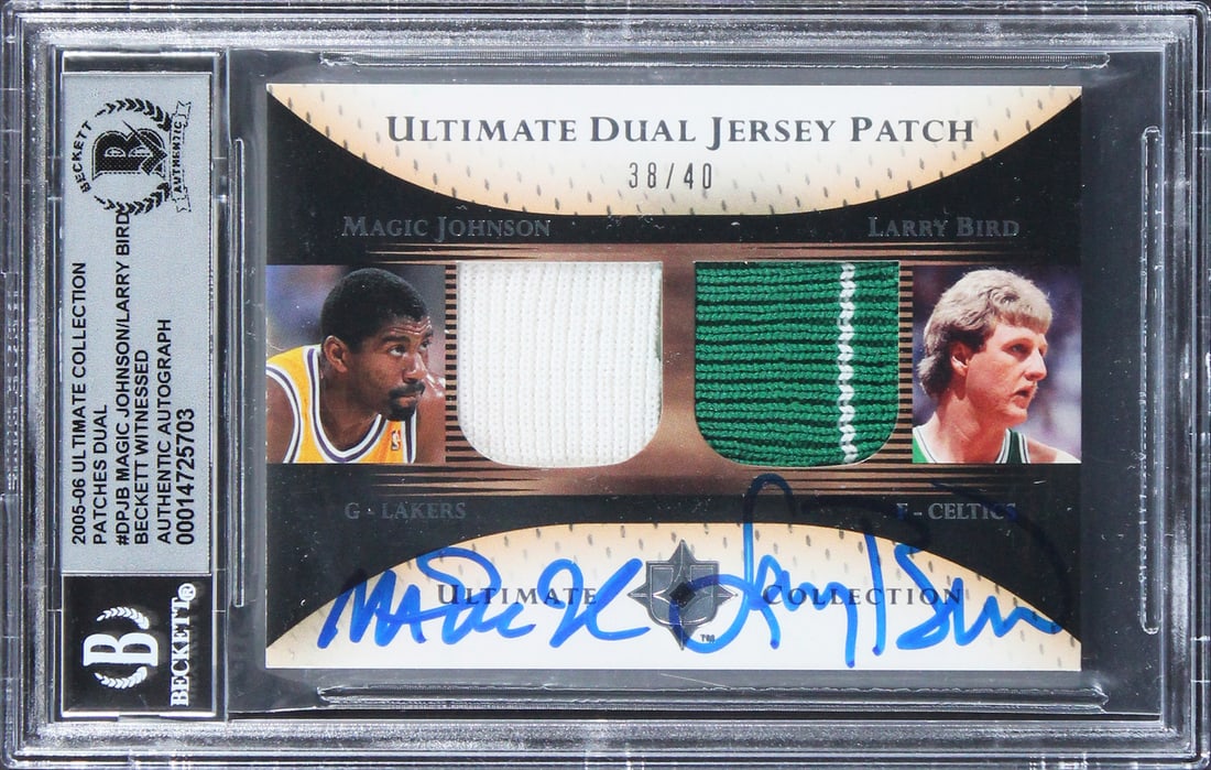 Magic Johnson Larry Bird Signed 2005 Ultimate Patches Card #DPJB 38/40 BAS Gem Mint 10: Magic Johnson Larry Bird Signed 2005 Ultimate Patches Card #DPJB 38/40 BAS Gem Mint 10 This exceptional 2005 Ultimate Collection Patches Dual Card #DPJB #38/40 features the iconic signatures of basket
