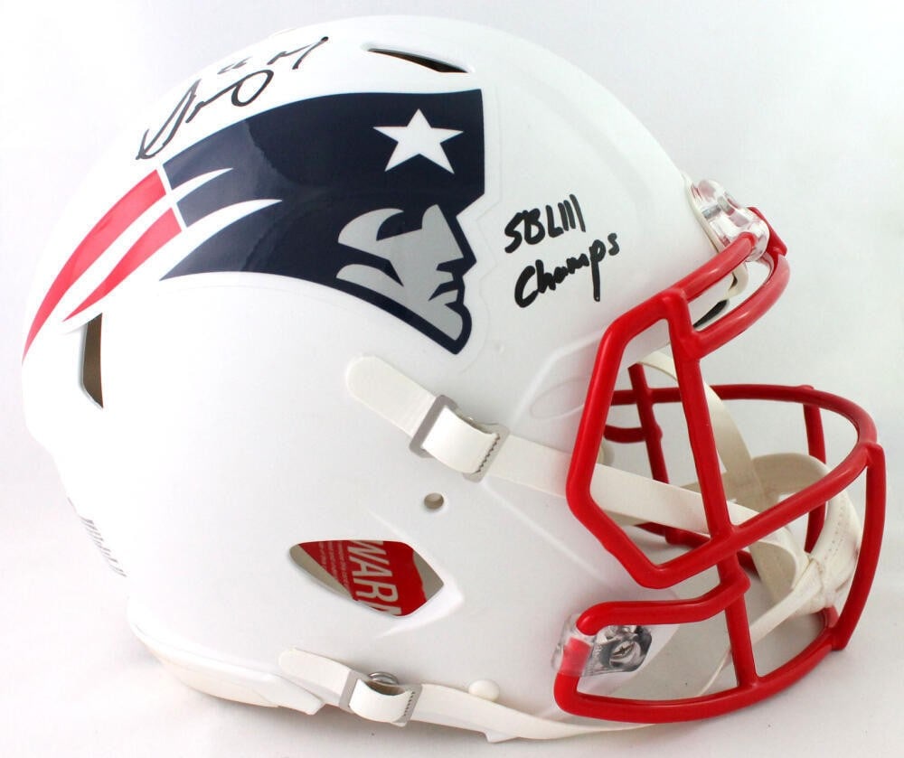 Patriots Authentic Flat White Helmet Signed by Sony Michel with Inscription Beckett Auth (1 of 2)