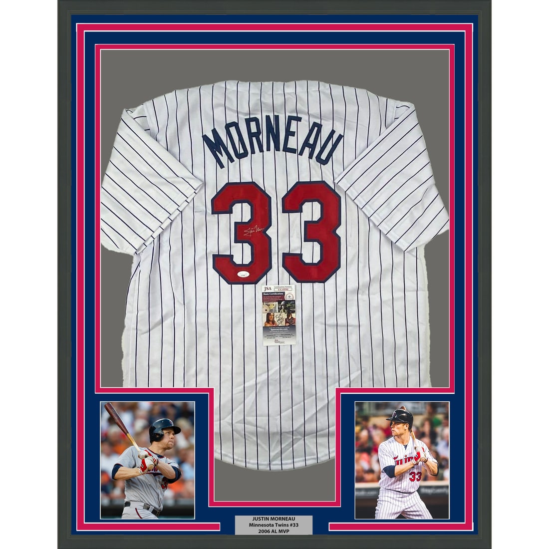 Framed Autographed Justin Morneau Jersey Minnesota Twins JSA COA: Framed Autographed Justin Morneau Jersey Minnesota Twins JSA COA This professionally framed and matted display features an autographed jersey from Justin Morneau, a prominent player from the Minnesota