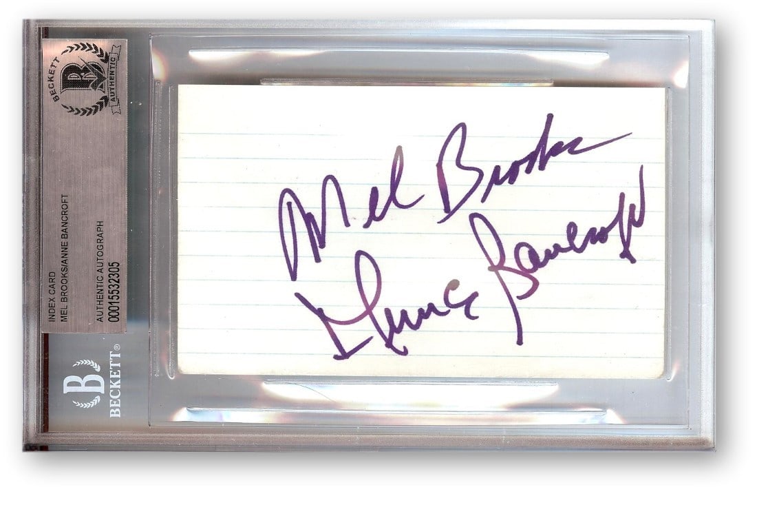 Index Card Signed by Mel Brooks and Anne Bancroft Beckett Authenticated: Index Card Signed by Mel Brooks and Anne Bancroft Beckett Authenticated This is an index card featuring the authentic autographs of Hollywood couple Mel Brooks and Anne Bancroft. The signed card is en