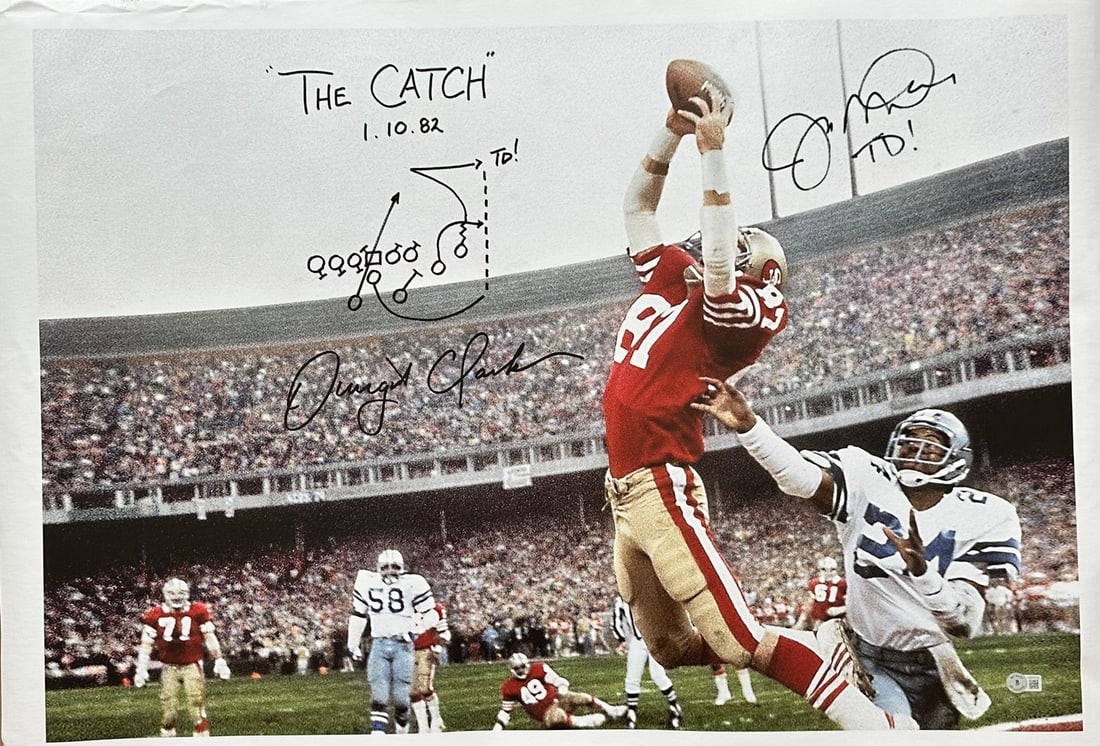 Joe Montana Dwight Clark Dual Signed Canvas 35x24 The Catch BAS LOA (1 of 1)