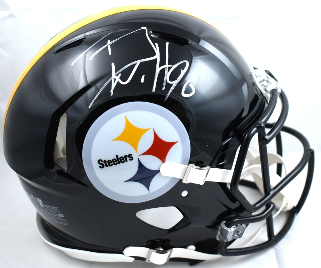 Full Size Speed Authentic Steelers Helmet Signed by TJ Watt with Beckett Hologram: Full Size Speed Authentic Steelers Helmet Signed by TJ Watt with Beckett Hologram This is a full-size Speed Authentic helmet for the Pittsburgh Steelers, autographed by T.J. Watt. The helmet is an ori