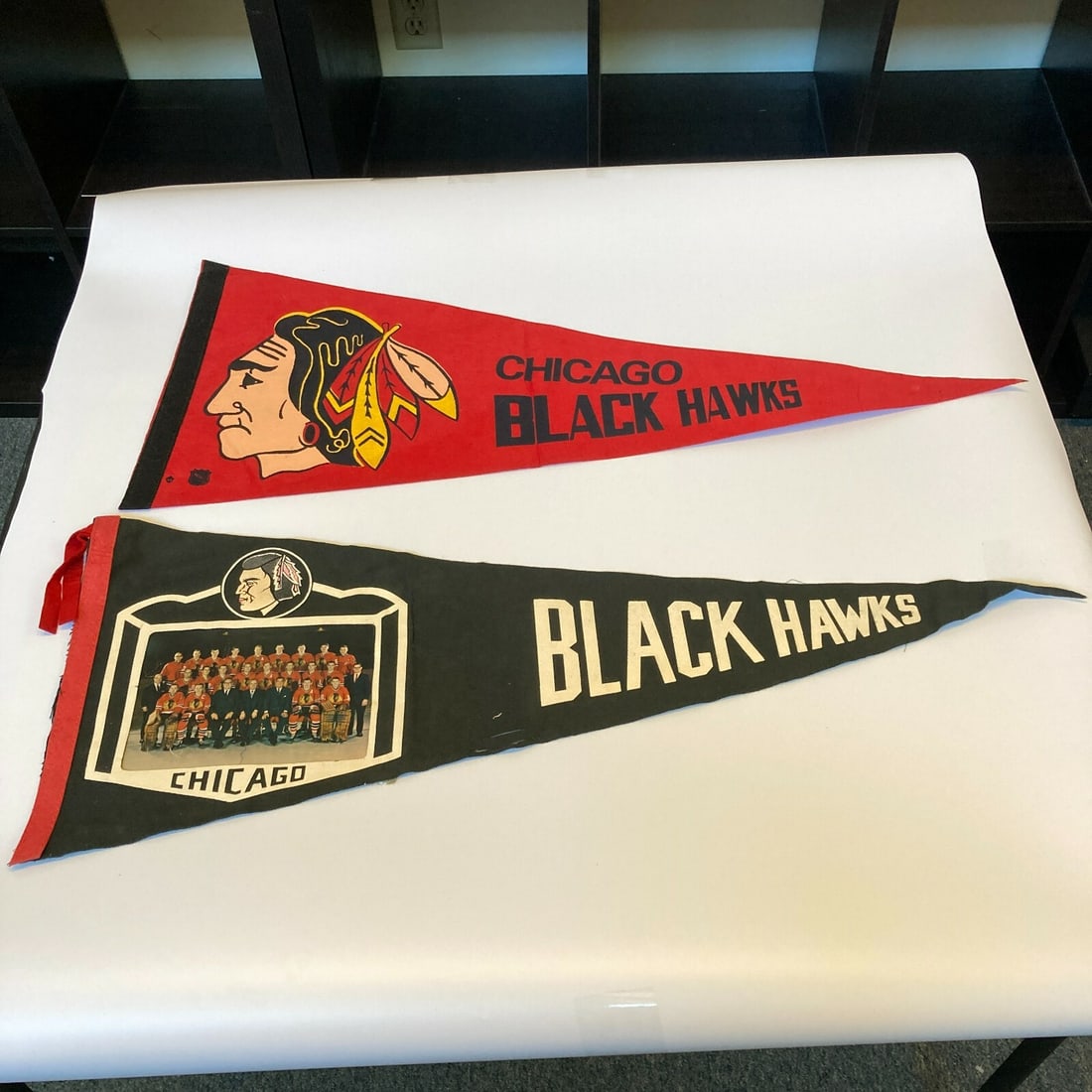 Pair of 1960s Chicago Blackhawks NHL Vintage Hockey Pennants (1 of 7)