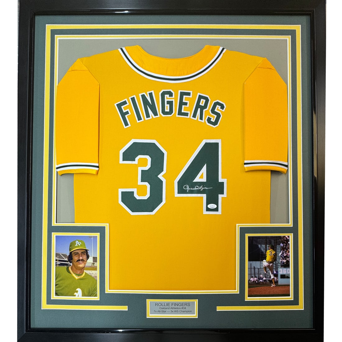 Framed Autographed Rollie Fingers Jersey Oakland Athletics JSA COA 35x39: Framed Autographed Rollie Fingers Jersey Oakland Athletics JSA COA 35x39 Celebrate the legacy of Rollie Fingers with this stunning framed autographed yellow jersey from the Oakland Athletics. This ori
