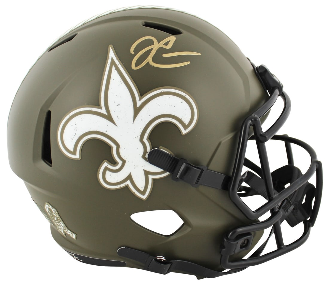 Derek Carr Signed Salute To Service Full Size Helmet BAS Witnessed: Derek Carr Signed Salute To Service Full Size Helmet BAS Witnessed Celebrate your support for the New Orleans Saints with this Derek Carr Signed Salute To Service Full Size Speed Replica Helmet. This