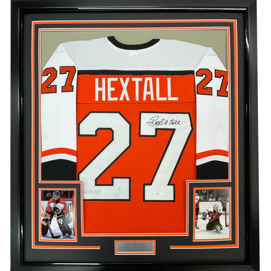 Framed Autographed Ron Hextall Jersey 33x42 Philadelphia Flyers JSA COA: Framed Autographed Ron Hextall Jersey 33x42 Philadelphia Flyers JSA COA Showcase your love for hockey with this professionally framed autographed Ron Hextall Philadelphia Flyers jersey. This striking
