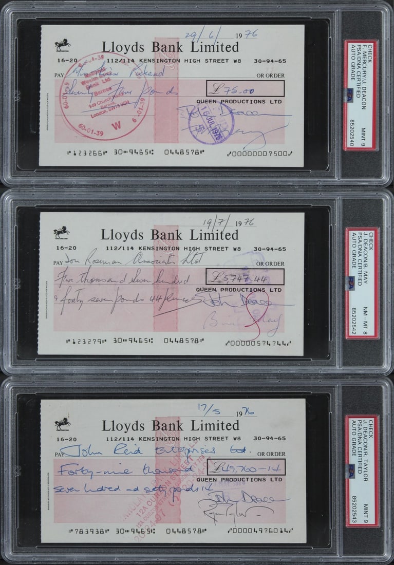 Queen(4) Signed Check Set of 3 PSA Authenticated 1976 Mercury, May, Taylor, Deacon: Queen(4) Signed Check Set of 3 PSA Authenticated 1976 Mercury, May, Taylor, Deacon This remarkable set of three original bank checks from Lloyds, each personally signed by iconic members of the legend