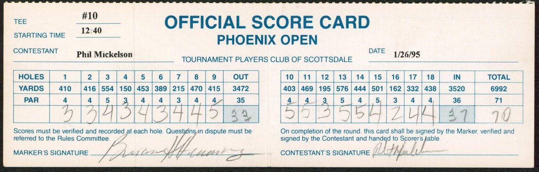 Phil Mickelson Brian Henninger Signed 1995 Phoenix Open Scorecard Beckett Authenticated (1 of 2)