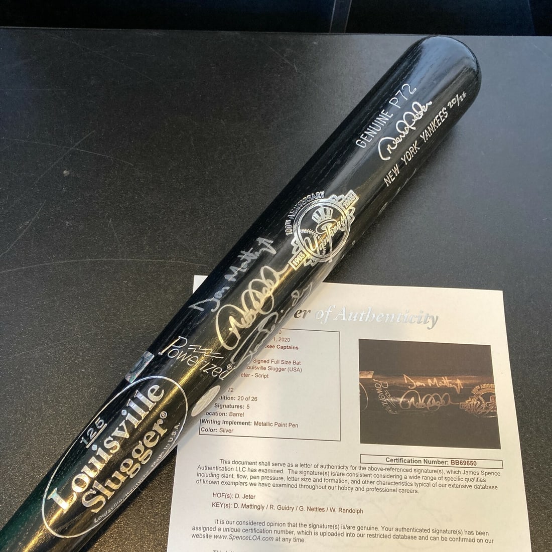 Yankees 100th Anniversary Bat Signed by Jeter Mattingly Nettles Guidry Randolph JSA (1 of 8)