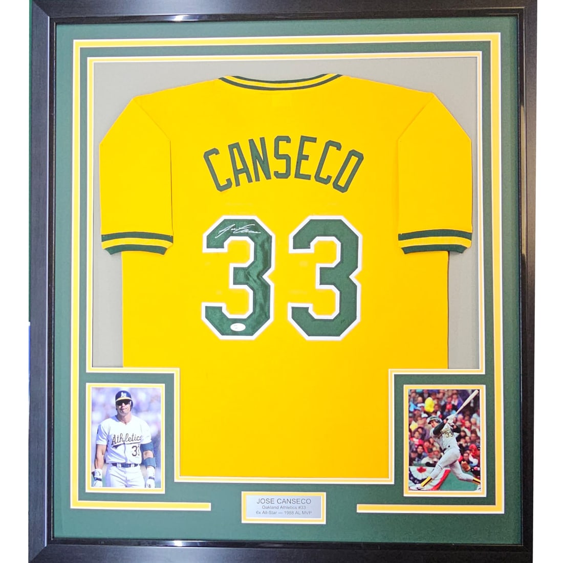 Framed Autographed Jose Canseco Jersey with JSA COA 33x42: Framed Autographed Jose Canseco Jersey with JSA COA 33x42 Celebrate the legacy of baseball legend Jose Canseco with this professionally framed and autographed Oakland Athletics jersey. Measuring 33" x