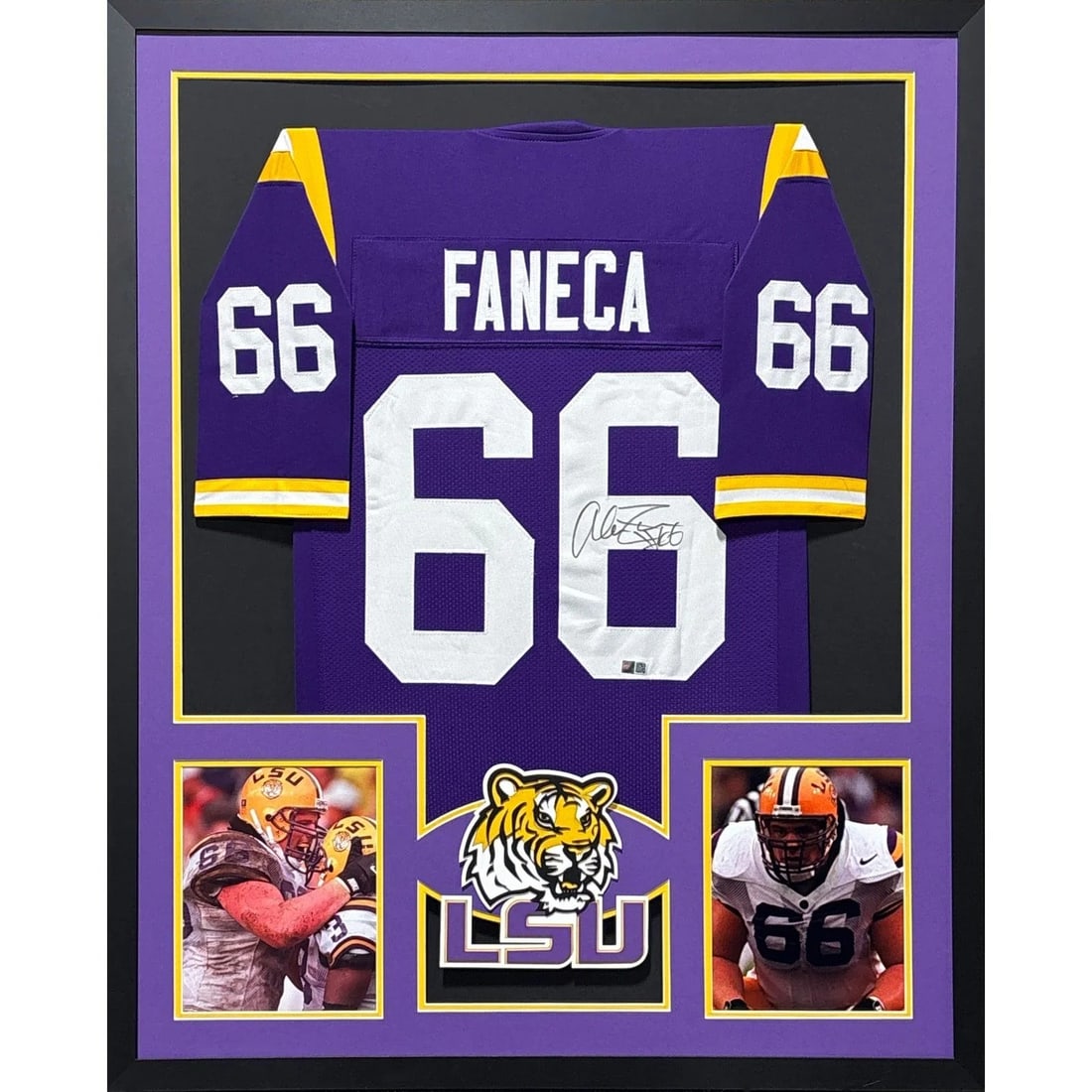 Alan Faneca Autographed Framed LSU Jersey TSE Authenticated 42x34: Alan Faneca Autographed Framed LSU Jersey TSE Authenticated 42x34 This is a beautifully framed autographed jersey of Alan Faneca, a notable player from LSU (Louisiana State University). The jersey is