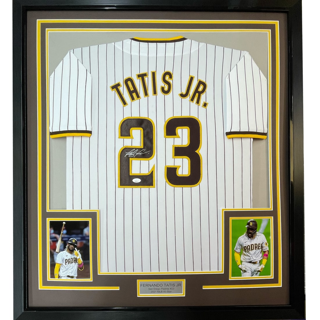 Framed Autographed Fernando Tatis Jr Baseball Jersey with JSA COA 33x42: Framed Autographed Fernando Tatis Jr Baseball Jersey with JSA COA 33x42 Showcase your passion for baseball with this professionally framed and matted autographed jersey of Fernando Tatis Jr. This orig