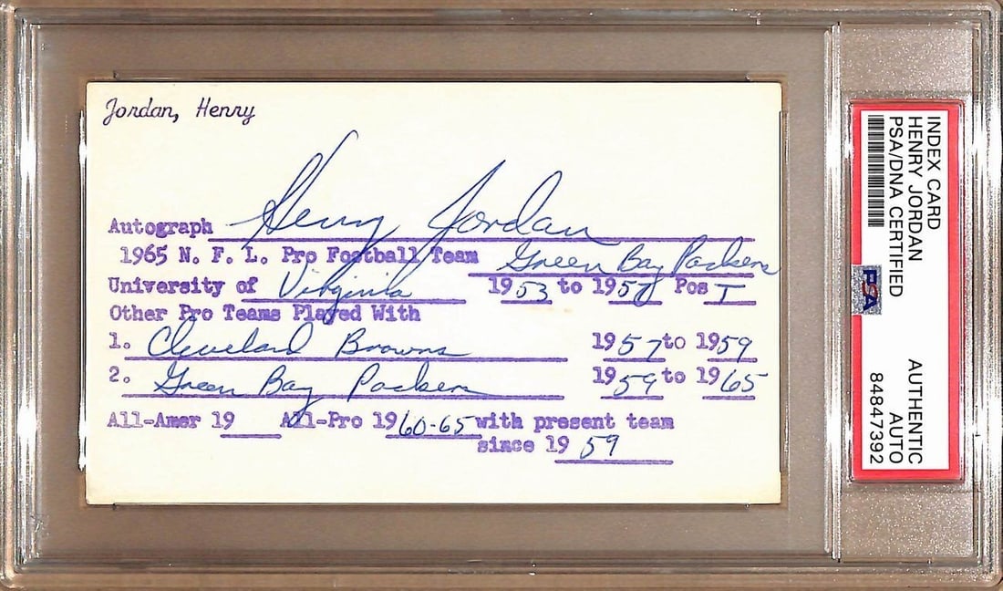 Henry Jordan Autographed 3x5 Index Card Green Bay Packers PSA/DNA: Henry Jordan Autographed 3x5 Index Card Green Bay Packers PSA/DNA This listing features an original Henry Jordan Hall of Fame autographed 3x5 index card from the Green Bay Packers, authenticated by PS