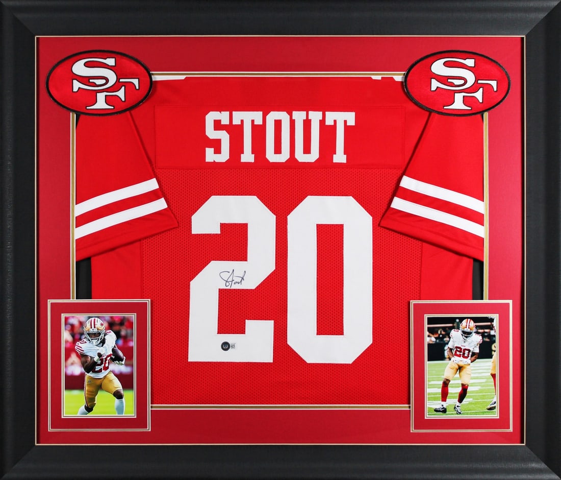 Upton Stout Signed San Francisco 49ers Framed Red Jersey Beckett Authenticated (1 of 2)