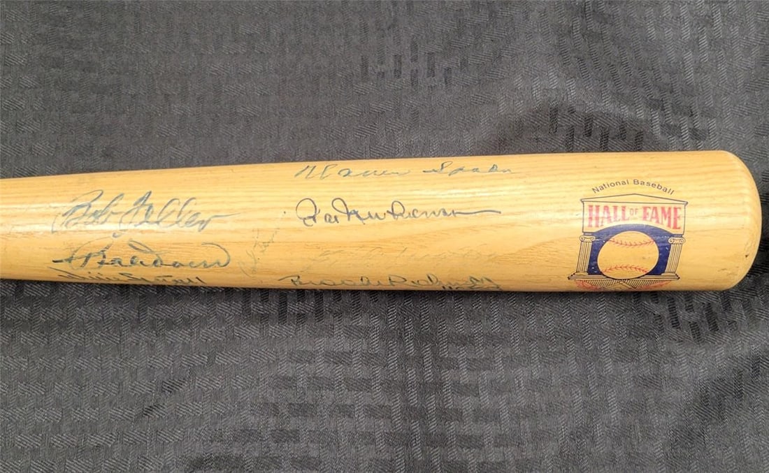 10 Signed Baseball Bat with Robinson Mathews Stargell JSA Authenticated: 10 Signed Baseball Bat with Robinson Mathews Stargell JSA Authenticated This is an original multi-signed baseball bat featuring autographs from notable players including Robinson, Mathews, Hunter, and