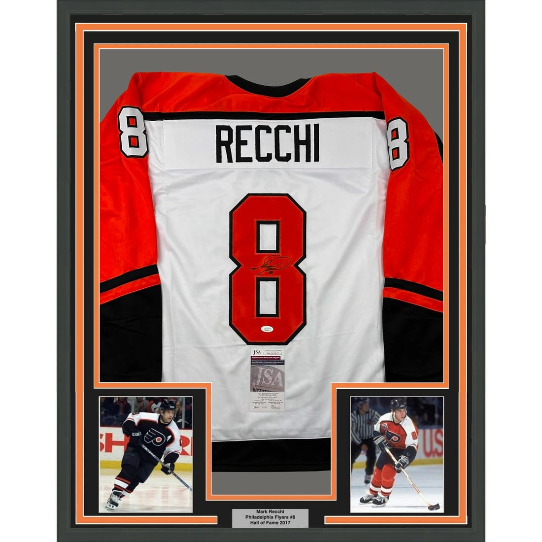 Framed Signed Mark Recchi Jersey with JSA COA Philadelphia Flyers: Framed Signed Mark Recchi Jersey with JSA COA Philadelphia Flyers Celebrate your love for hockey with this professionally framed and matted memorabilia featuring Mark Recchi, an iconic player of the P
