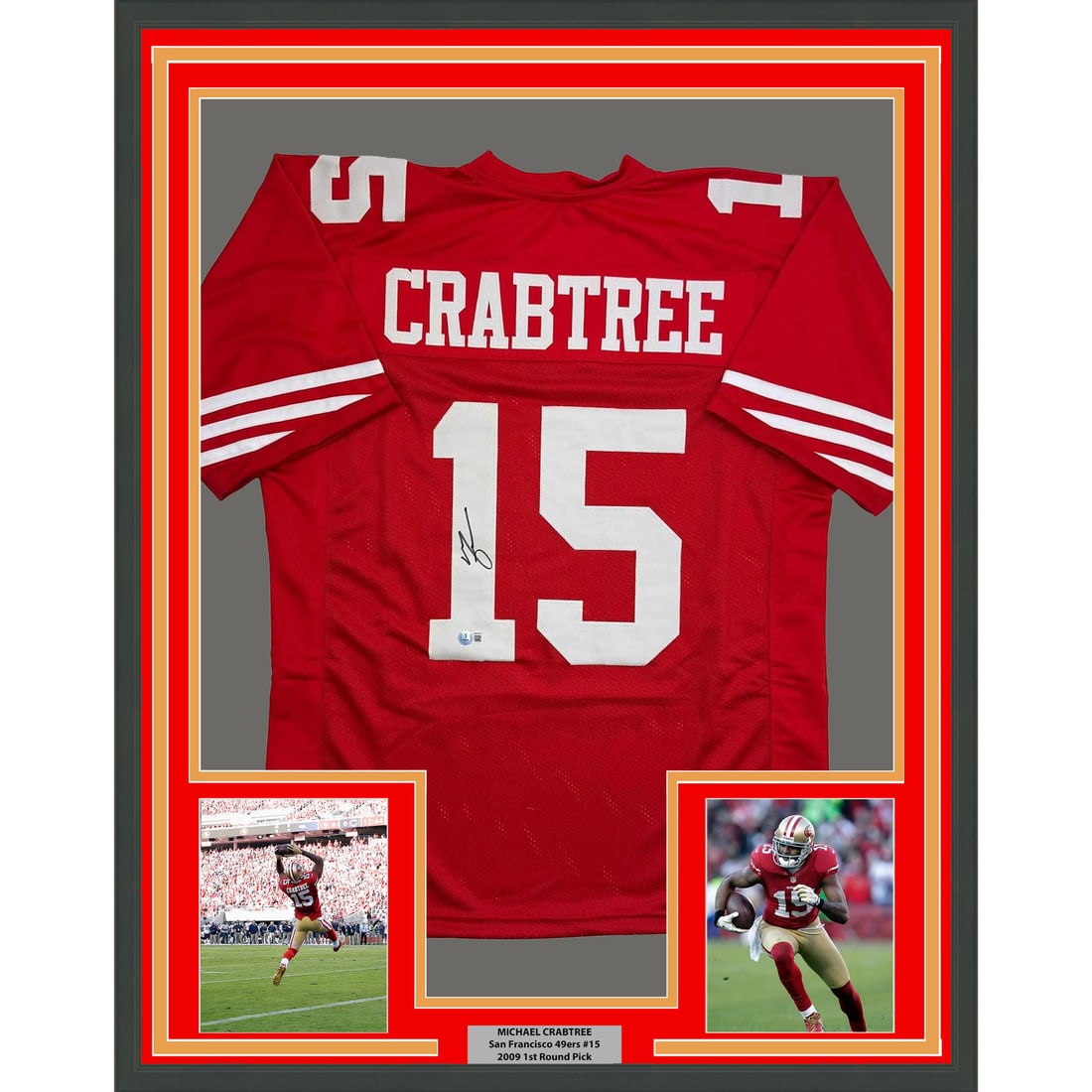 Michael Crabtree Signed 35x39 Framed 49ers Jersey with BAS Authentication: Michael Crabtree Signed 35x39 Framed 49ers Jersey with BAS Authentication This framed San Francisco 49ers jersey features the authentic signature of NFL player Michael Crabtree. The jersey is professi