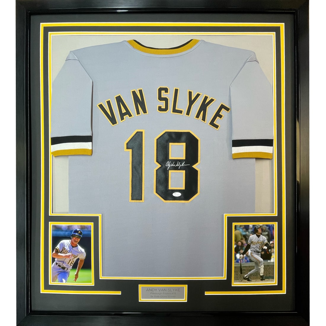 Framed Andy Van Slyke Signed Jersey Pittsburgh Pirates JSA COA: Framed Andy Van Slyke Signed Jersey Pittsburgh Pirates JSA COA This professionally framed and autographed Andy Van Slyke jersey is a must-have for any Pittsburgh Pirates fan. The 33x42 grey jersey fea
