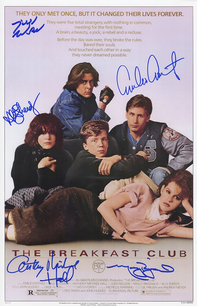 The Breakfast Club Cast Autographed 11x17 Poster with COA: The Breakfast Club Cast Autographed 11x17 Poster with COA This original 11x17 movie poster from "The Breakfast Club" is a must-have for any fan of the iconic film. It features signatures from the five
