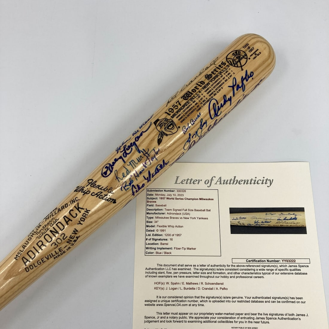 1957 Milwaukee Braves Signed Bat with 16 Signatures JSA COA: 1957 Milwaukee Braves Signed Bat with 16 Signatures JSA COA Celebrate the legacy of baseball with this remarkable 34" Adirondack bat, honoring the 1957 World Series Champion Milwaukee Braves. This ori